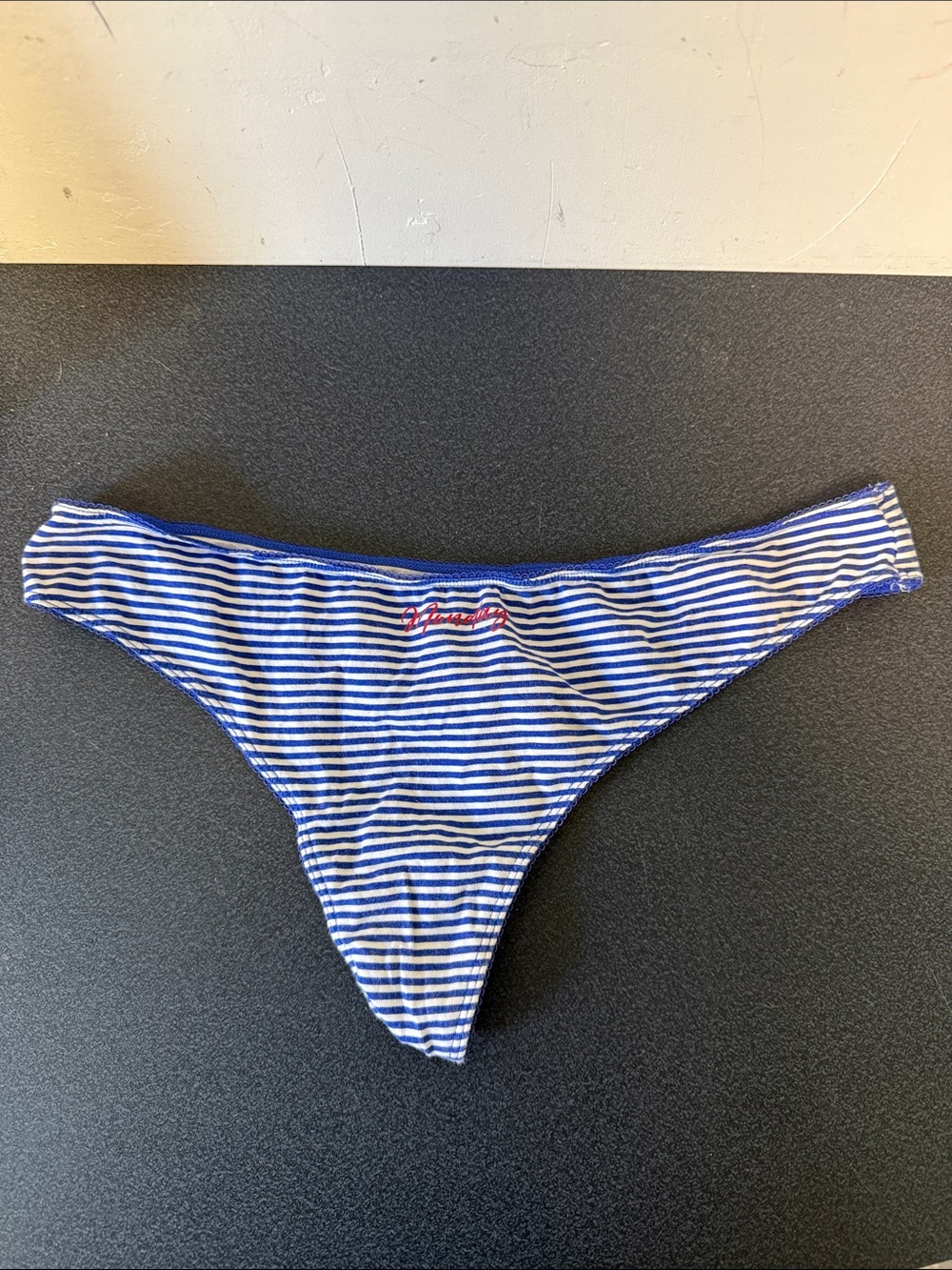 Striped Blue & White Bikini Brief with Red Accent